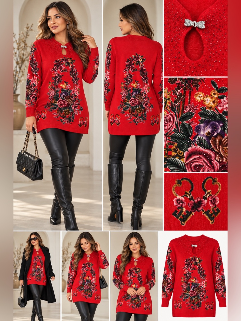 Red Floral Rhinestone Bow Keyhole Knit Tunic Sweater Dress Embellished